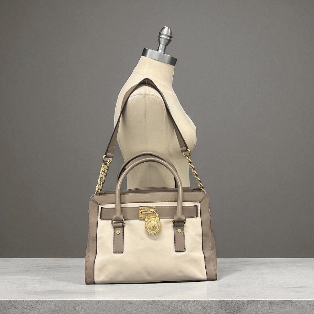 Michael Kors Women's Ecru Hamilton Satchel Shoulder Bag Bold Gold Tone Hardware